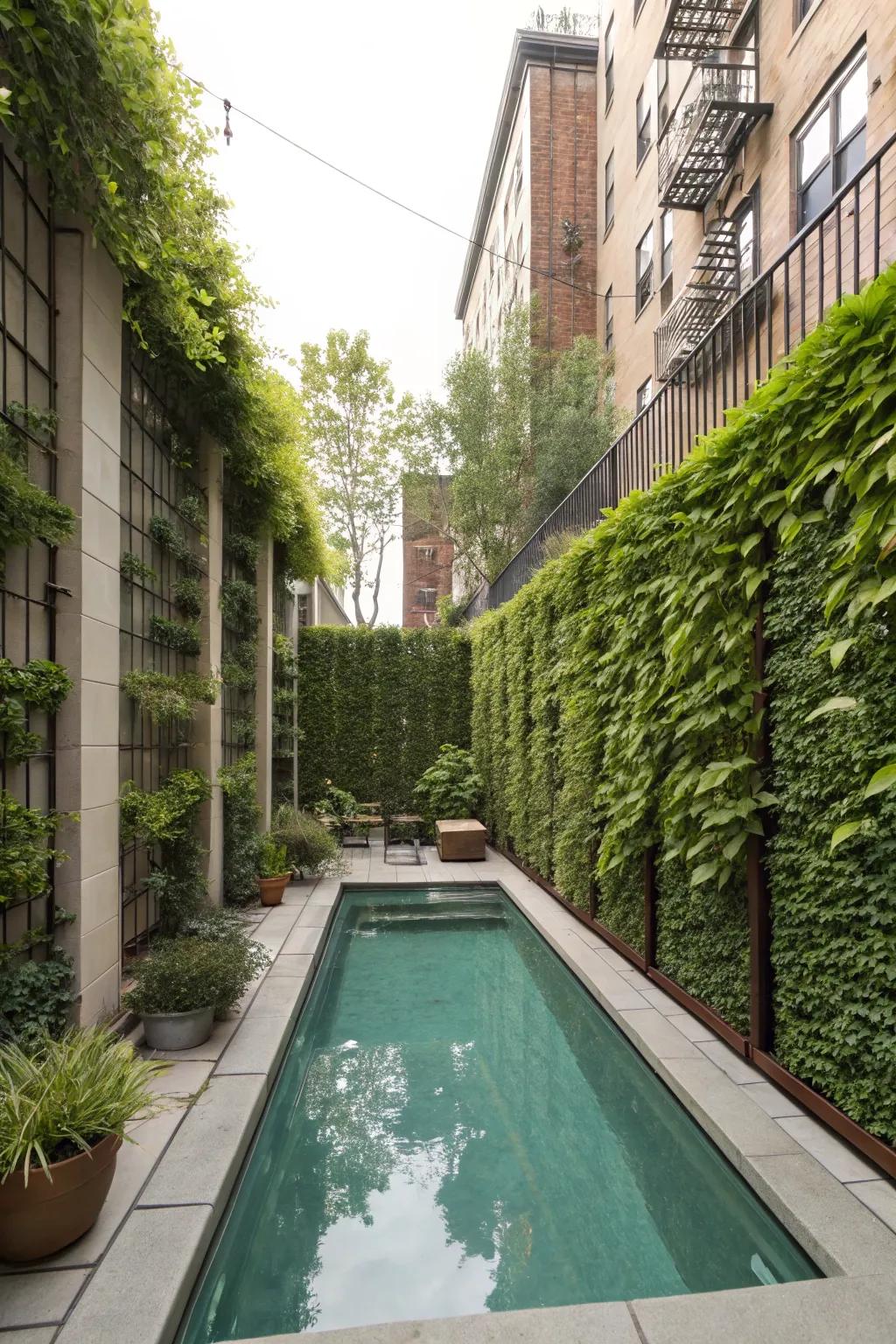 Vertical gardens provide privacy and greenery in small outdoor spaces.