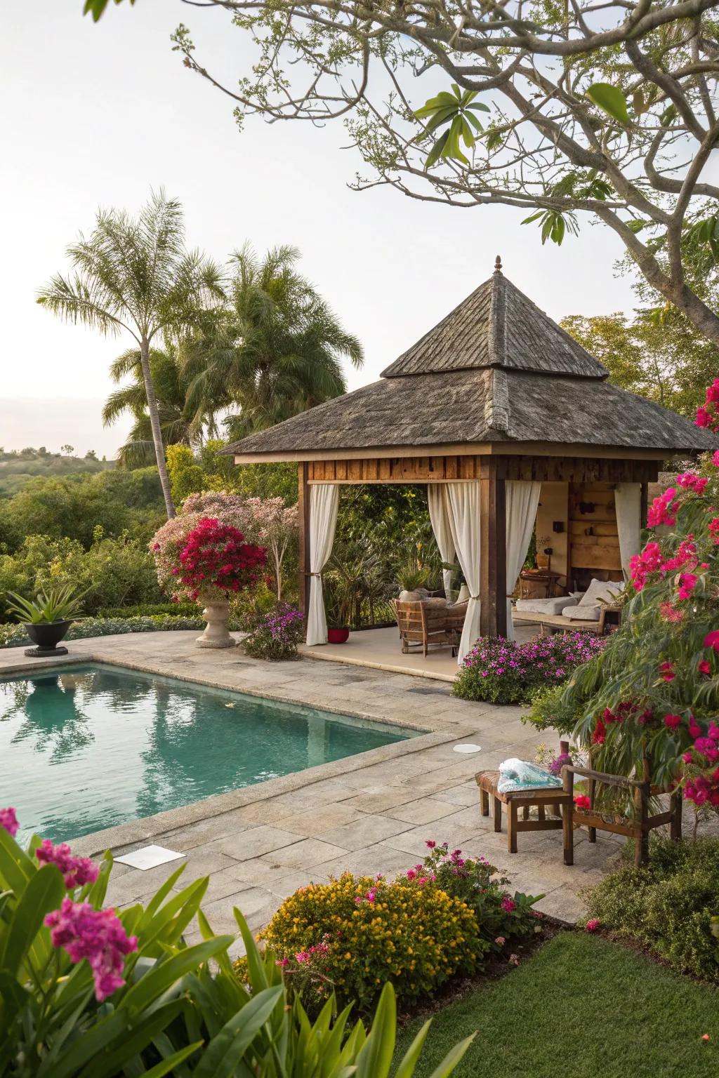 Cabana nestled within flourishing greenery and vibrant plants.
