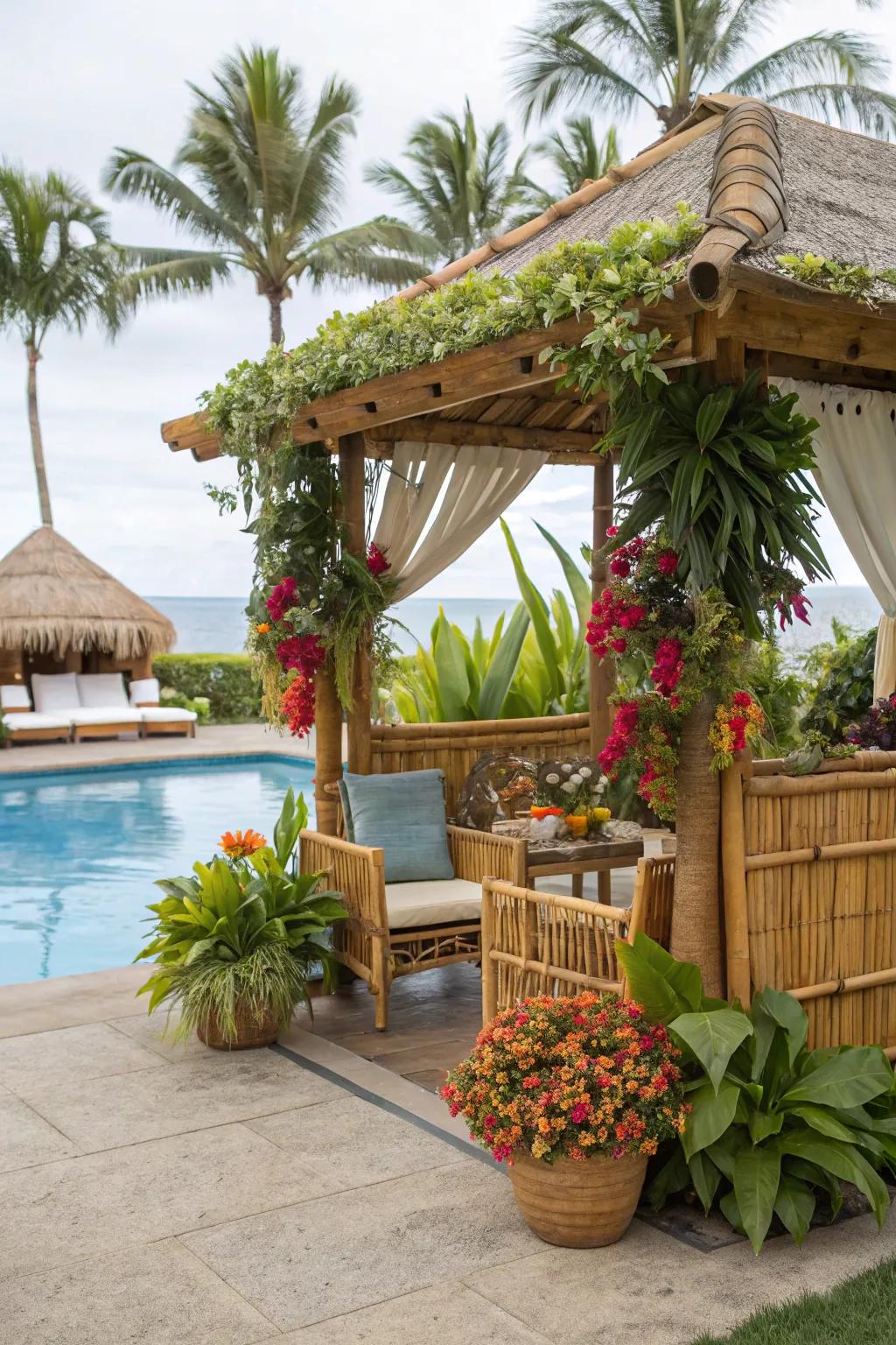 Tropical cabana surrounded by exotic plants and vibrant decor.