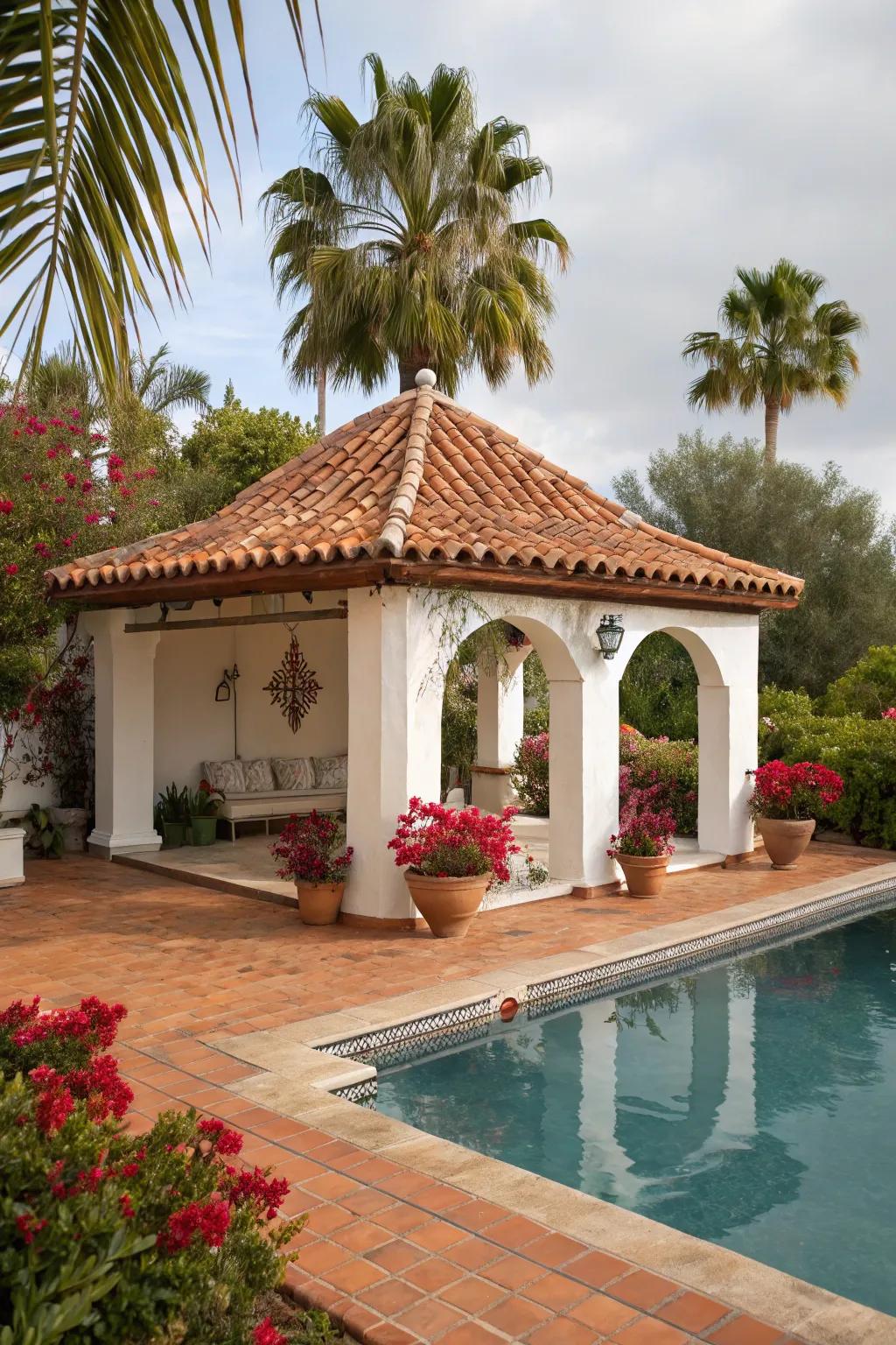 Mediterranean-style cabana with terracotta and whitewashed walls.