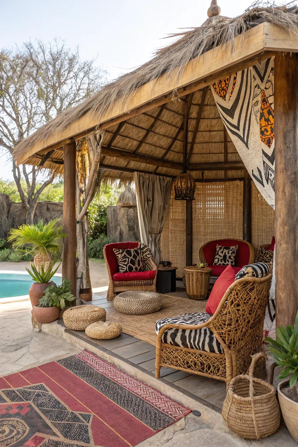 Safari-themed cabana with animal print accents and woven textures.