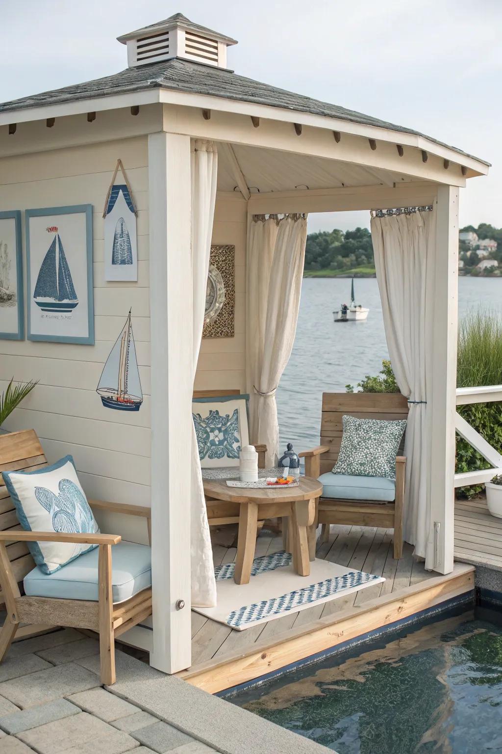 Coastal cabana with light wood and nautical-themed decor.
