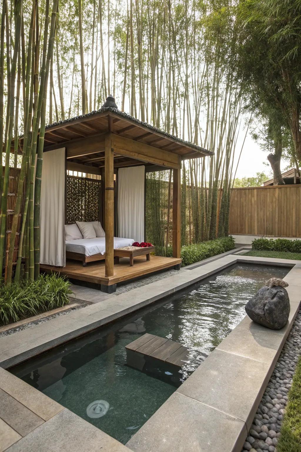 Zen-inspired cabana with natural materials and calming water features.