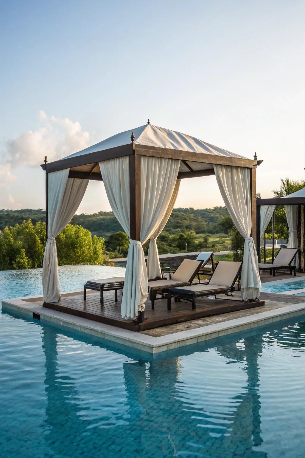 Luxurious floating cabana offering a distinctive poolside experience.