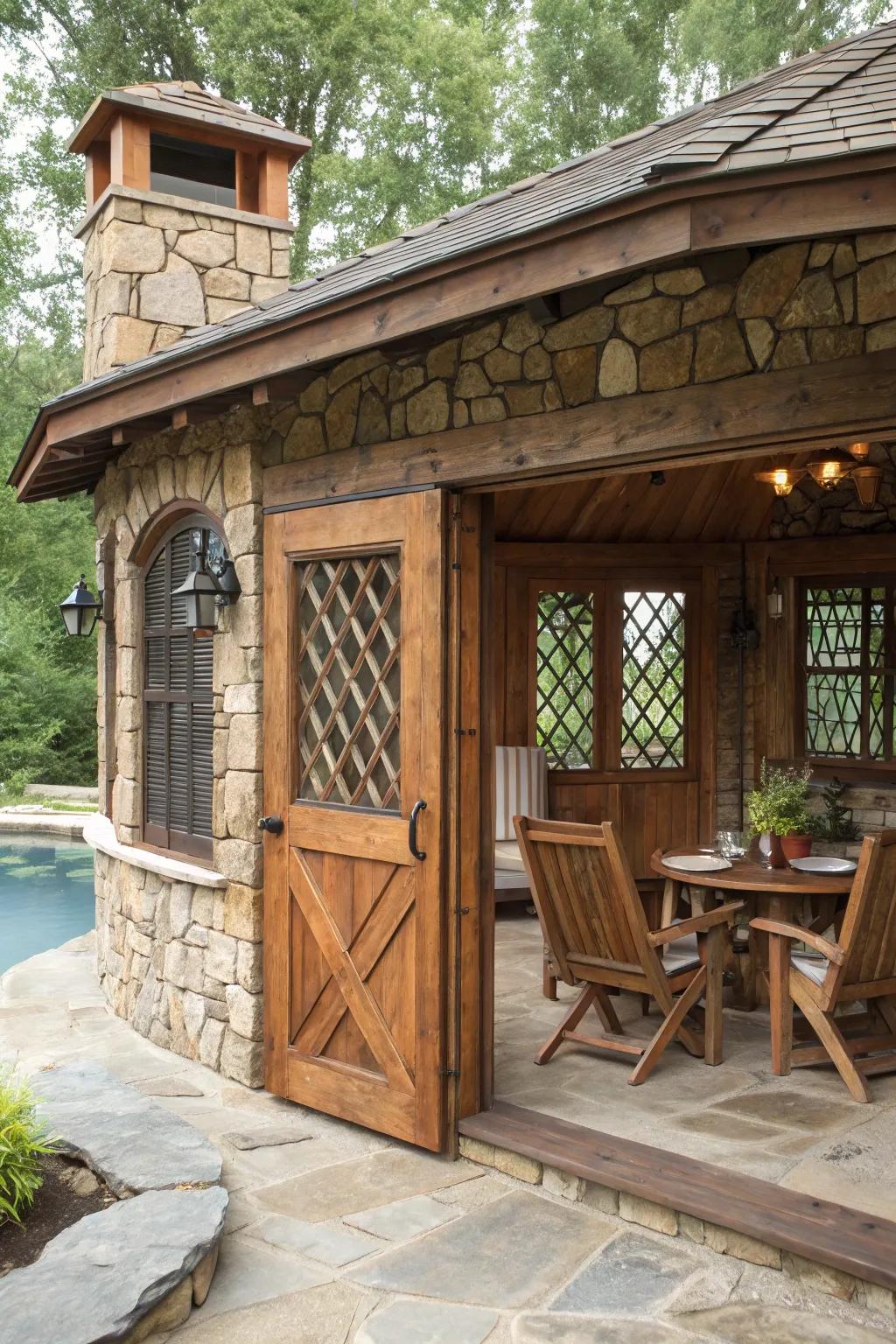 Rustic cabana featuring natural wood and stone elements.