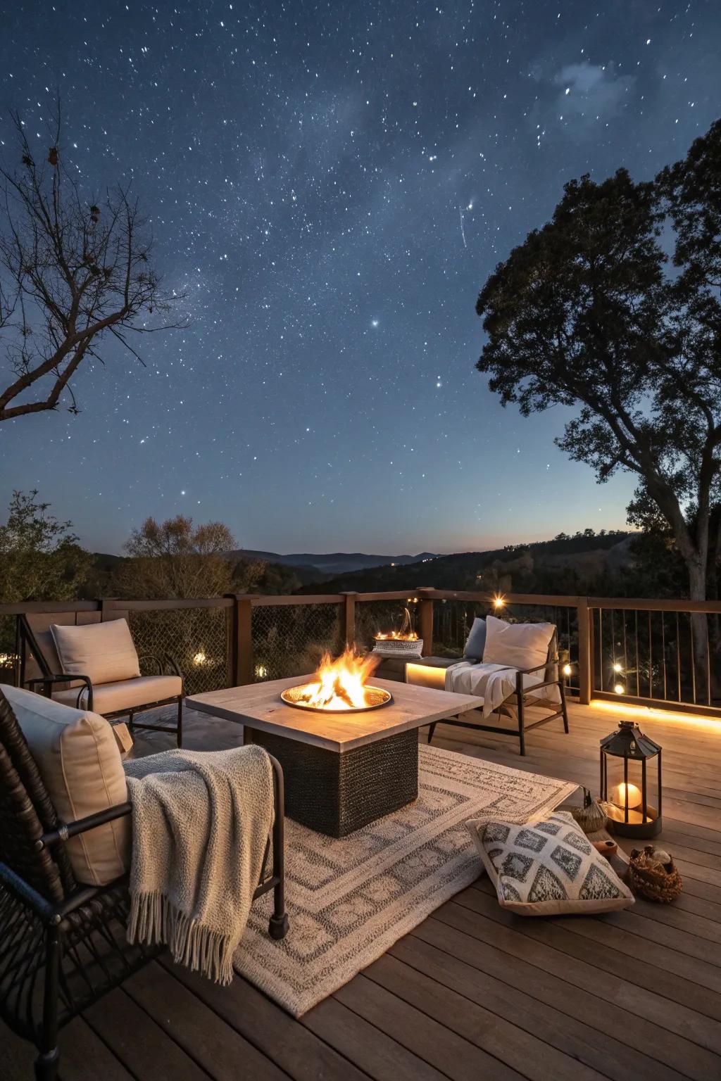 Fire pit table creating a cozy focal point on the deck.