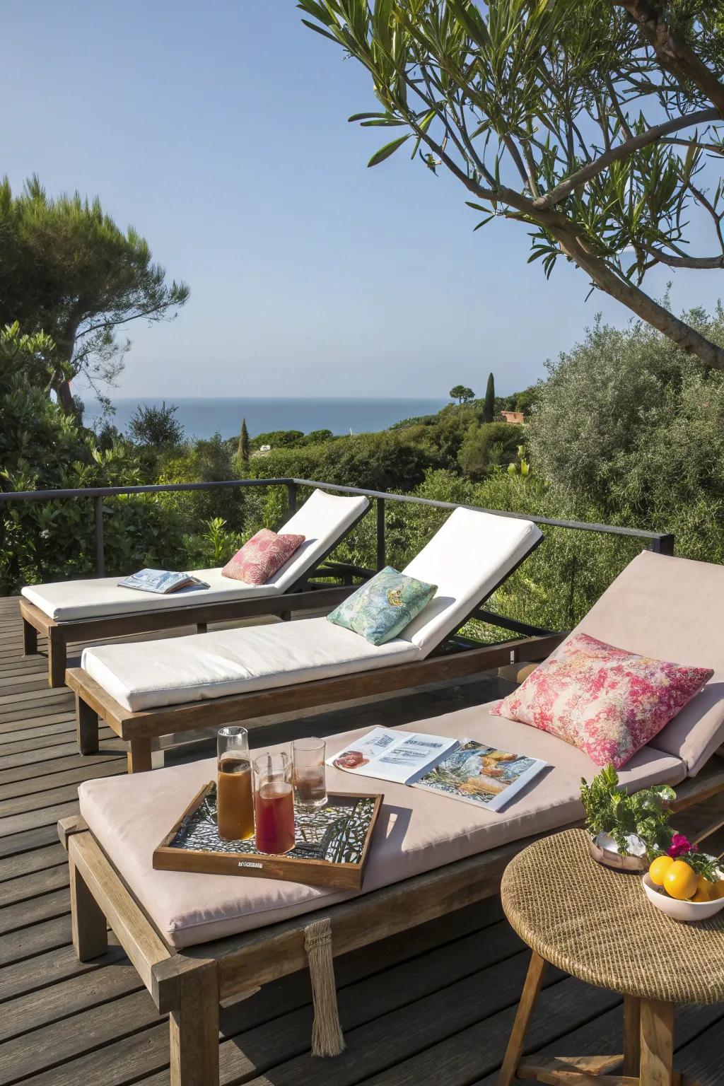 A dedicated sunbathing area with loungers and side tables.