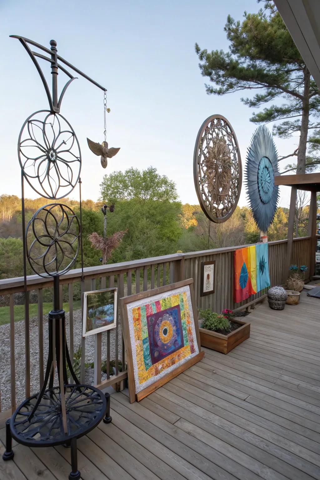 Artistic outdoor decor adding character to your deck.