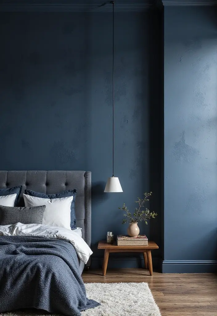 Textured Walls in Navy Blue Boho Bedroom