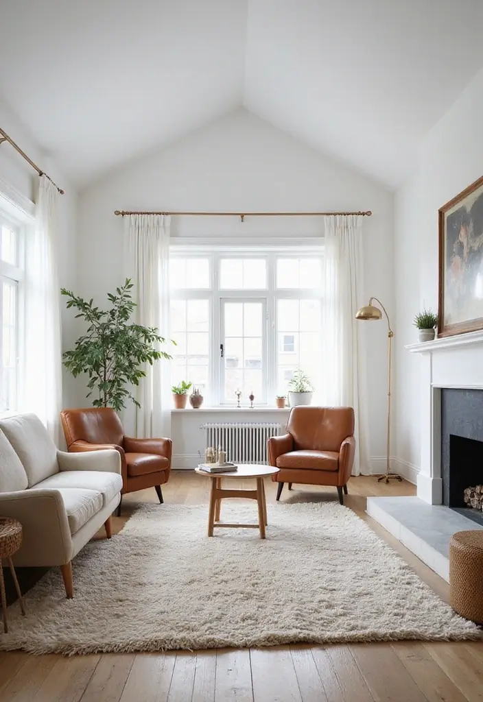 White Scandinavian Living Room with Vaulted Ceiling, Wool Rug & Leather Club Chairs