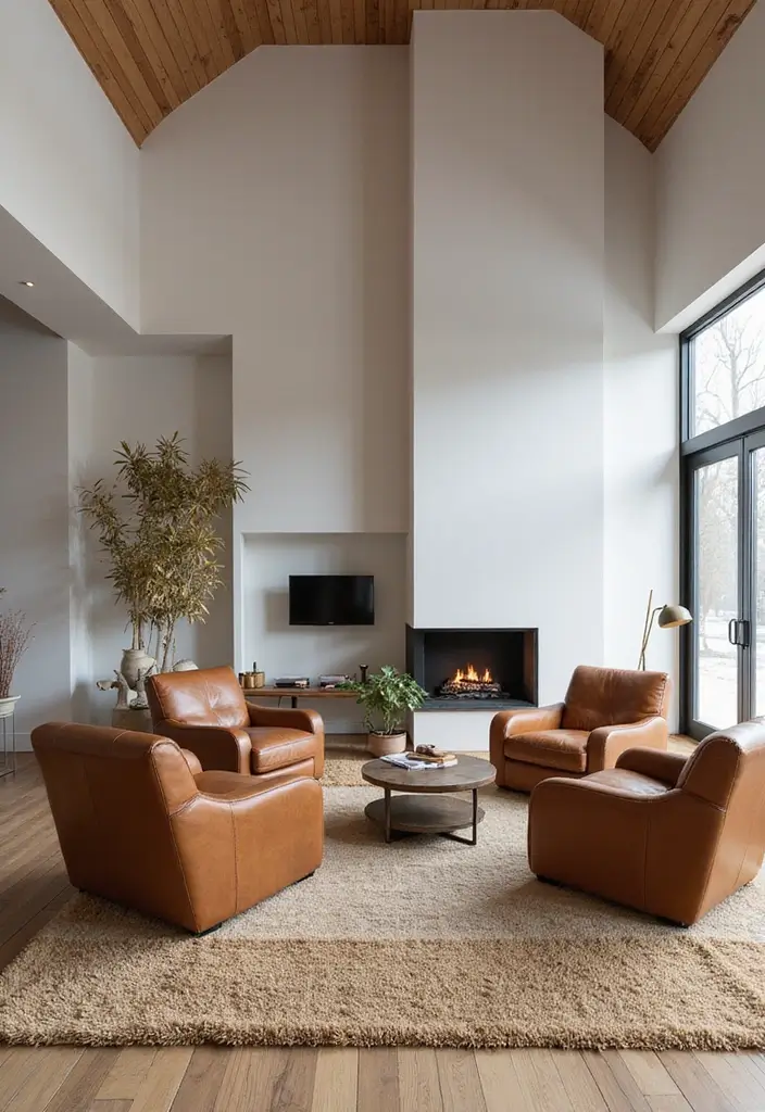 Tech-Integrated Scandinavian Living Room with Vaulted Ceiling, Wool Rug & Leather Club Chairs