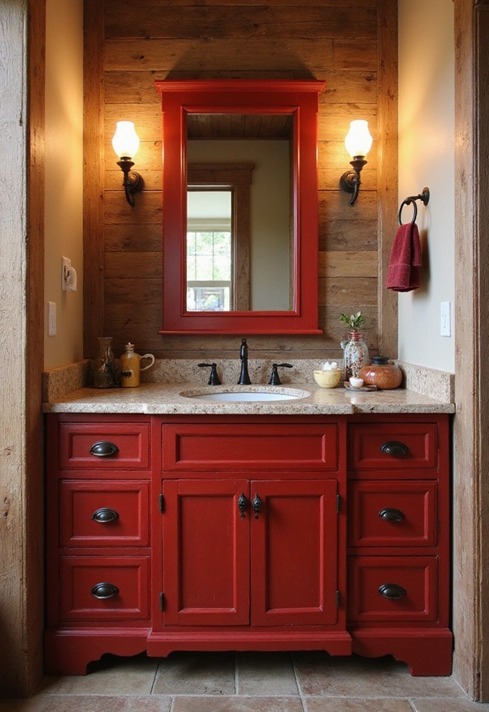 Custom Red Vanity in Rustic Bathroom