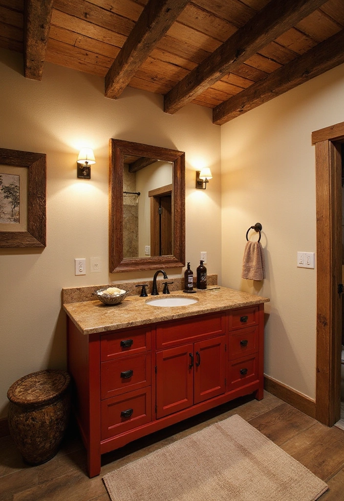 Rustic Bathroom with Red Vanity and Reclaimed Wood Beams