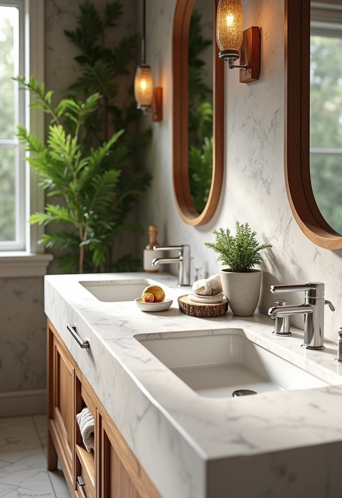 Nature-Inspired Bathroom with White Quartz and Chrome