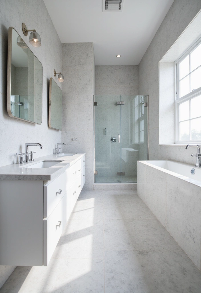 Bathroom with Textured Tiles, White Quartz, and Chrome Fixtures
