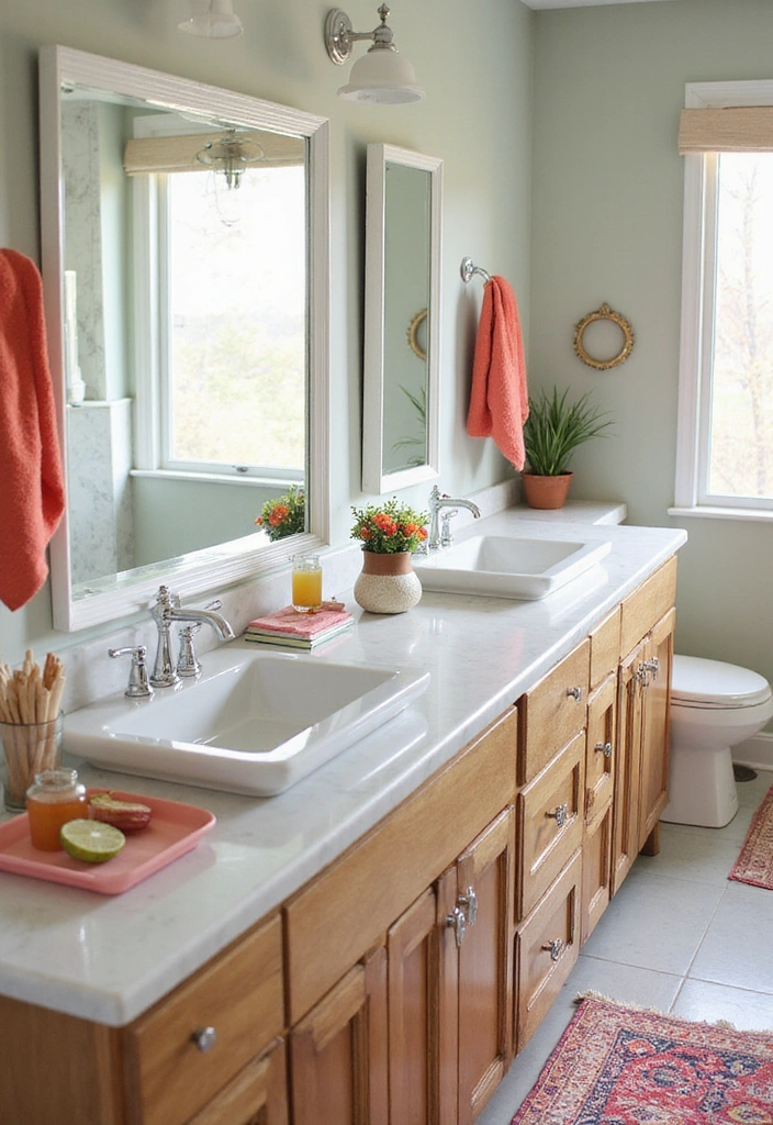 Bathroom with Bright Accents, White Quartz, and Chrome