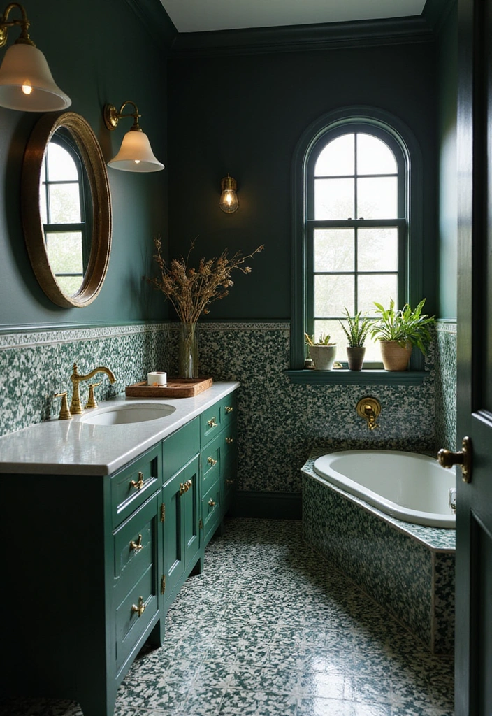 Bold Dark Green Cabinets with Patterned Porcelain Tiles