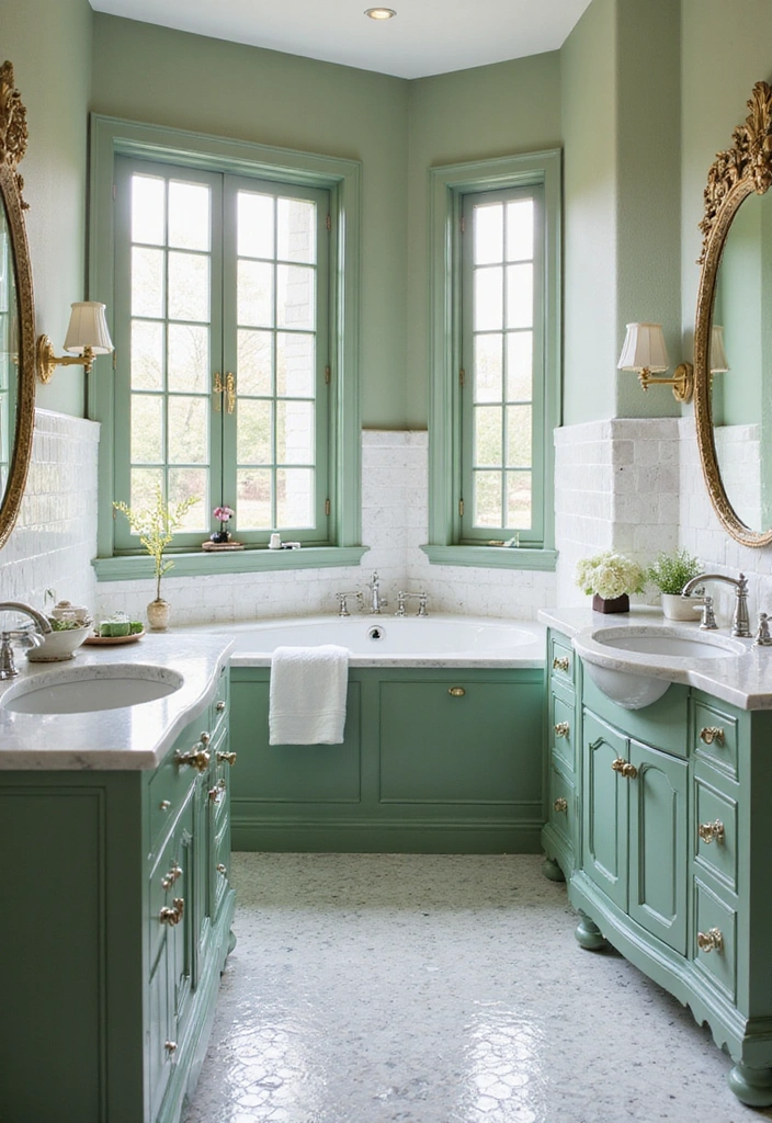 Green Cabinets with White Porcelain Tiles and Elegant Fixtures
