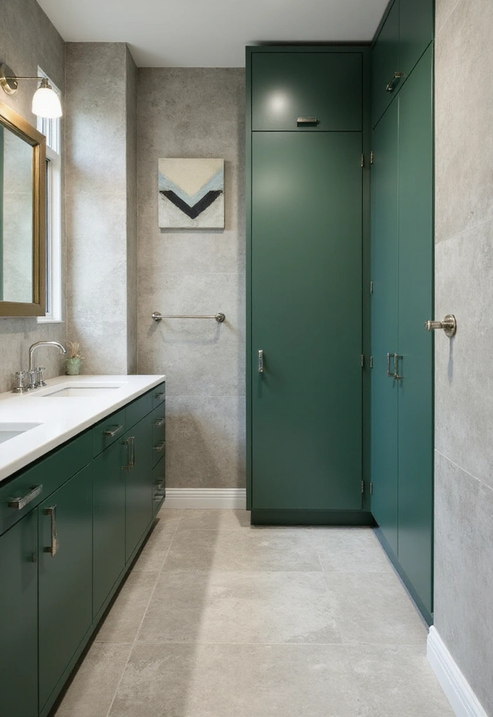 Glossy Green Cabinets with Large Porcelain Tiles