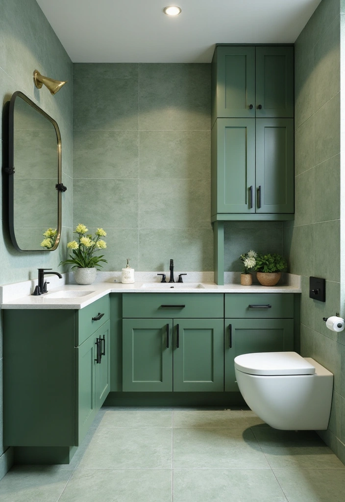 Monochromatic Green Cabinets and Porcelain Tiles