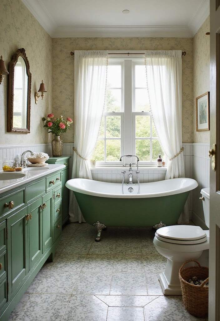 Distressed Green Cabinets with Vintage Porcelain Tiles