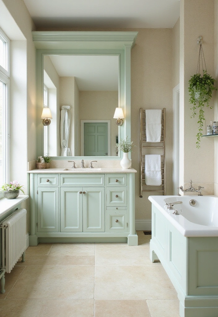 Light Green Cabinets with Creamy Porcelain Tiles
