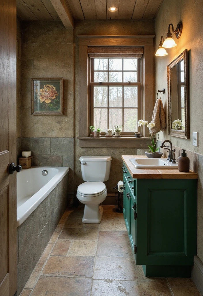 Rustic Green Cabinets with Earthy Porcelain Tiles