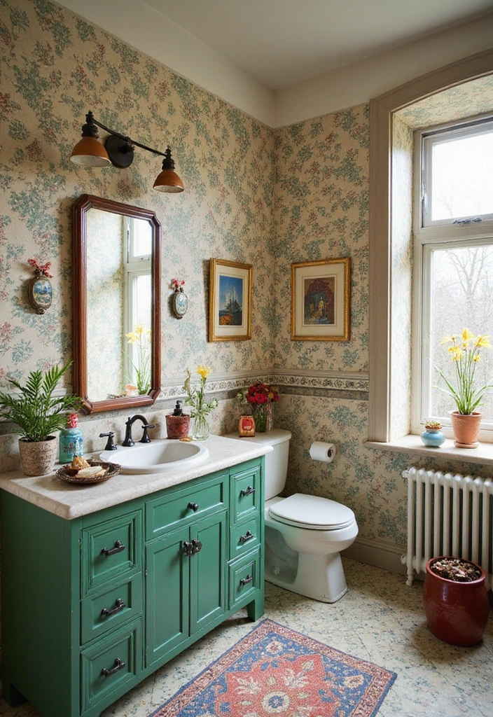 Artistic Porcelain Tiles with Green Cabinets