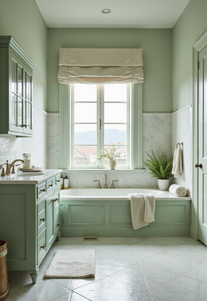 Spa-Inspired Bathroom with Green Cabinets