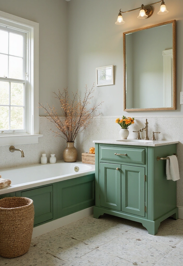 Seasonal Bathroom Decor with Green Cabinets
