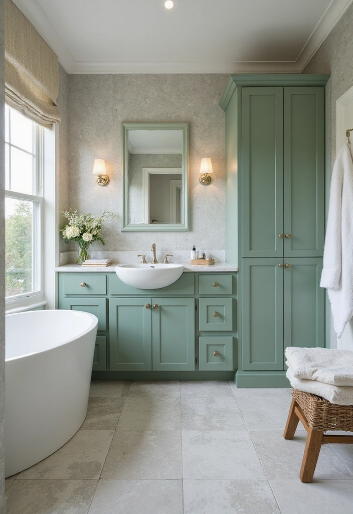 Functional Bathroom Layout with Green Cabinets