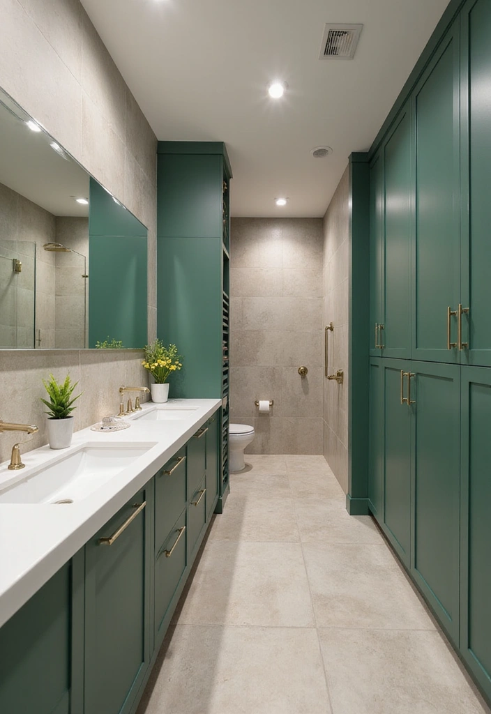 Smart Bathroom Features with Green Cabinets