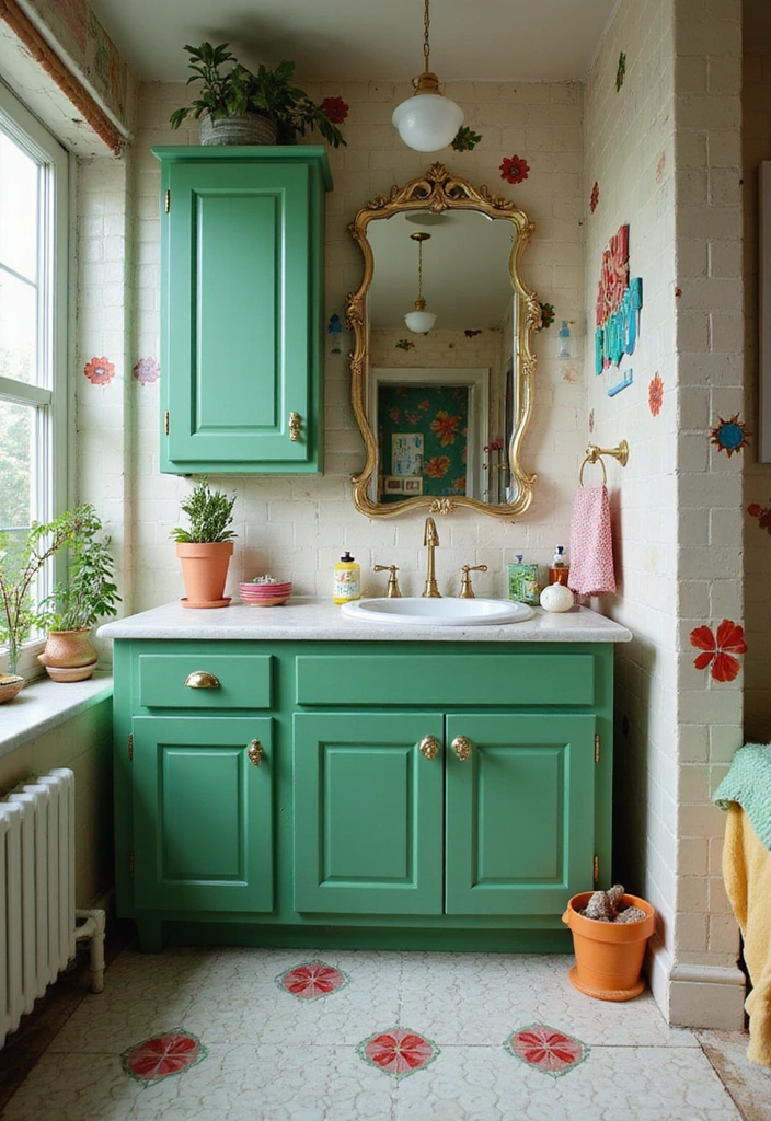 Vibrant Accents in Bathroom with Green Cabinets