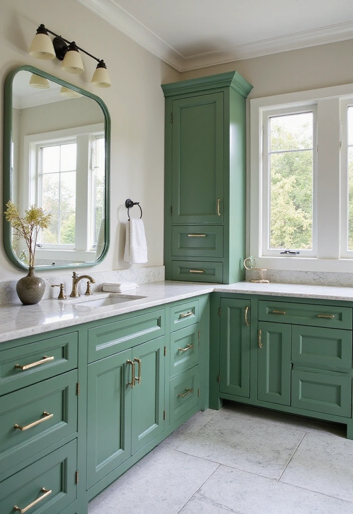 Transitional Bathroom with Green Cabinets and Porcelain Tiles
