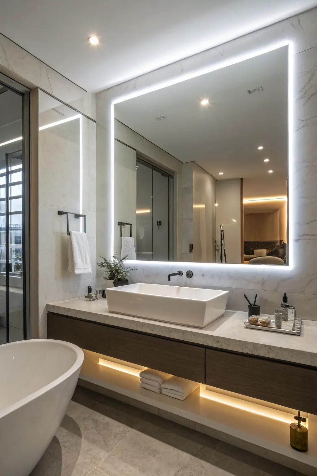Backlit mirrors create a modern, floating light effect.
