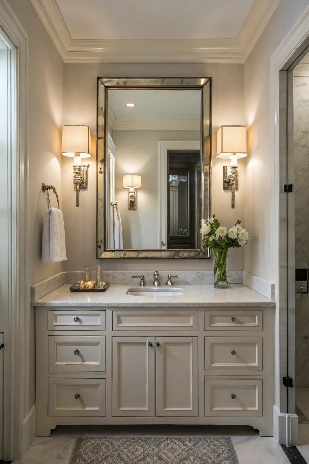 Paired sconces provide symmetrical and elegant lighting.