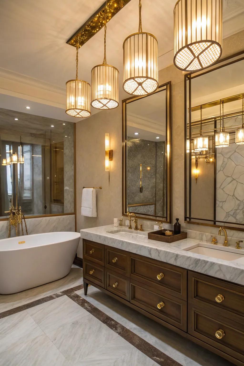 Brass fixtures add warmth and sophistication.