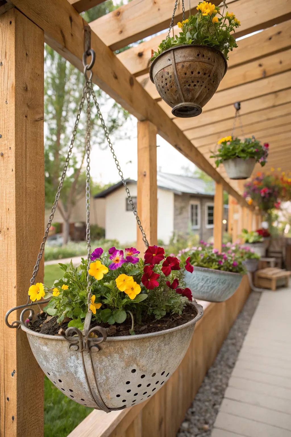 Hanging colander planters add a fun twist to garden decor.
