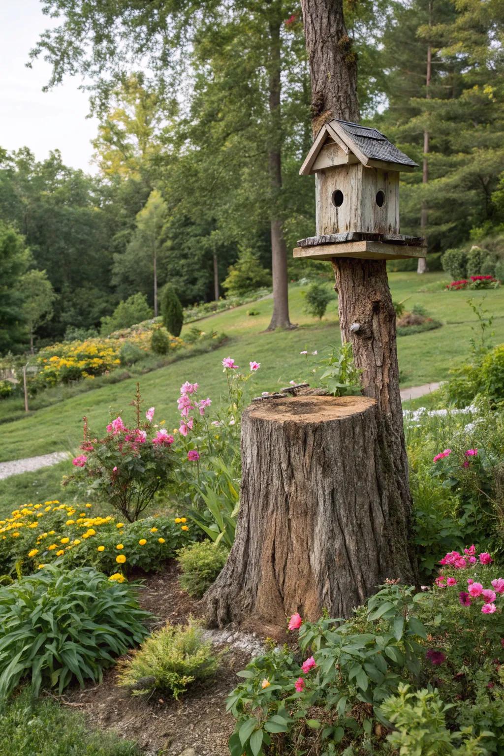 Wooden birdhouse invites birds and adds charm.