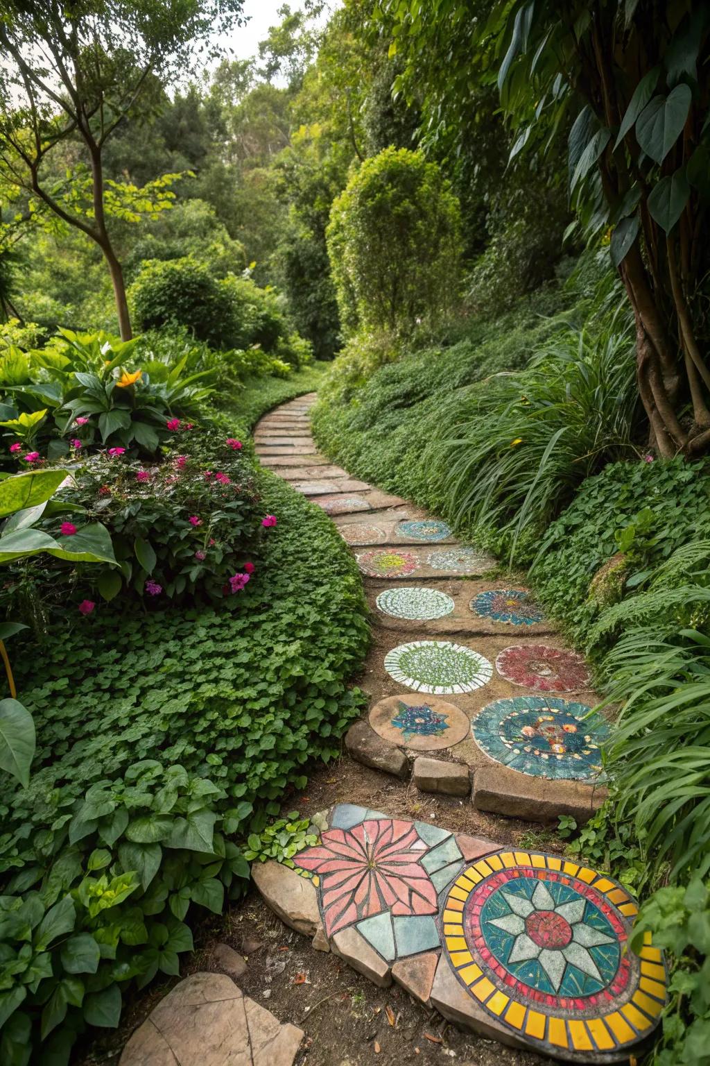 Mosaic stepping stones create a colorful garden path.