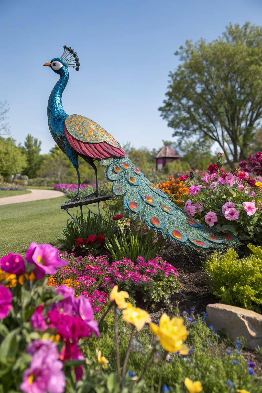 Metal peacock sculpture adds elegance to garden.