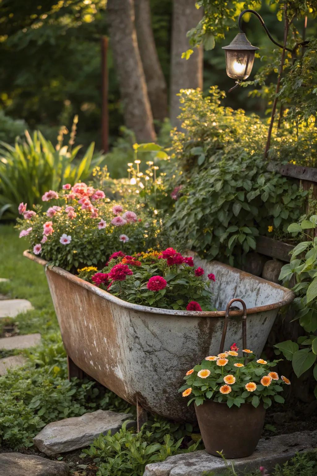 Rustic metal tub repurposed as a planter.