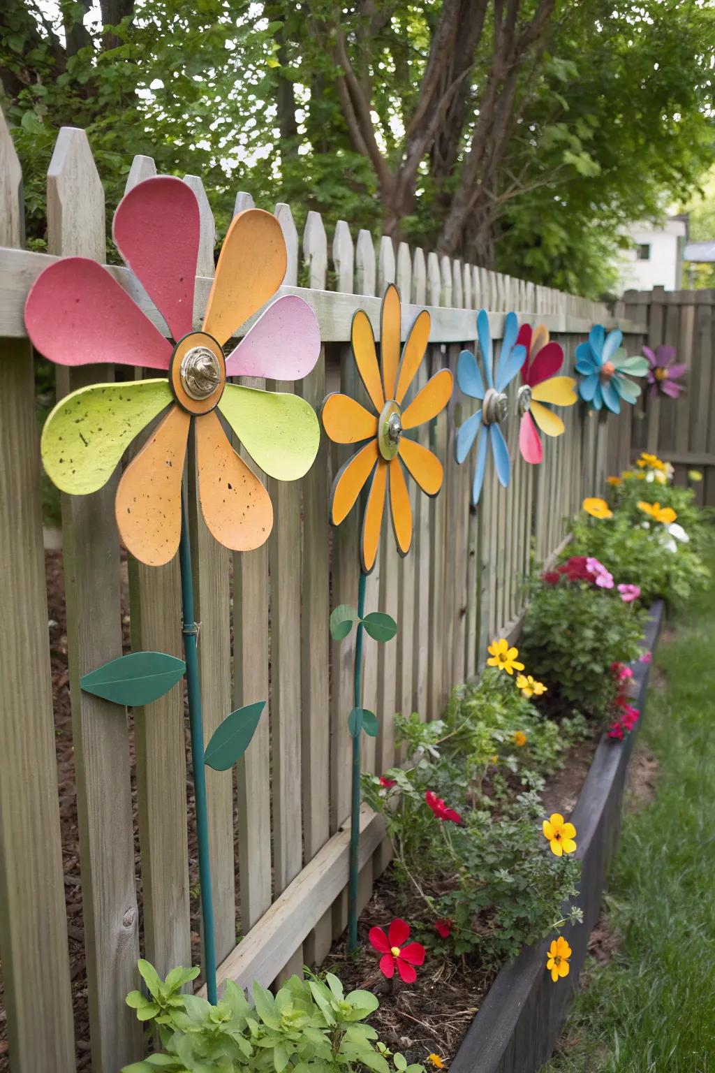Colorful fan blade flowers brighten the garden fence.