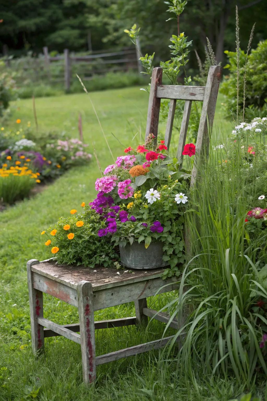 Vintage chair repurposed as a planter with cascading flowers.