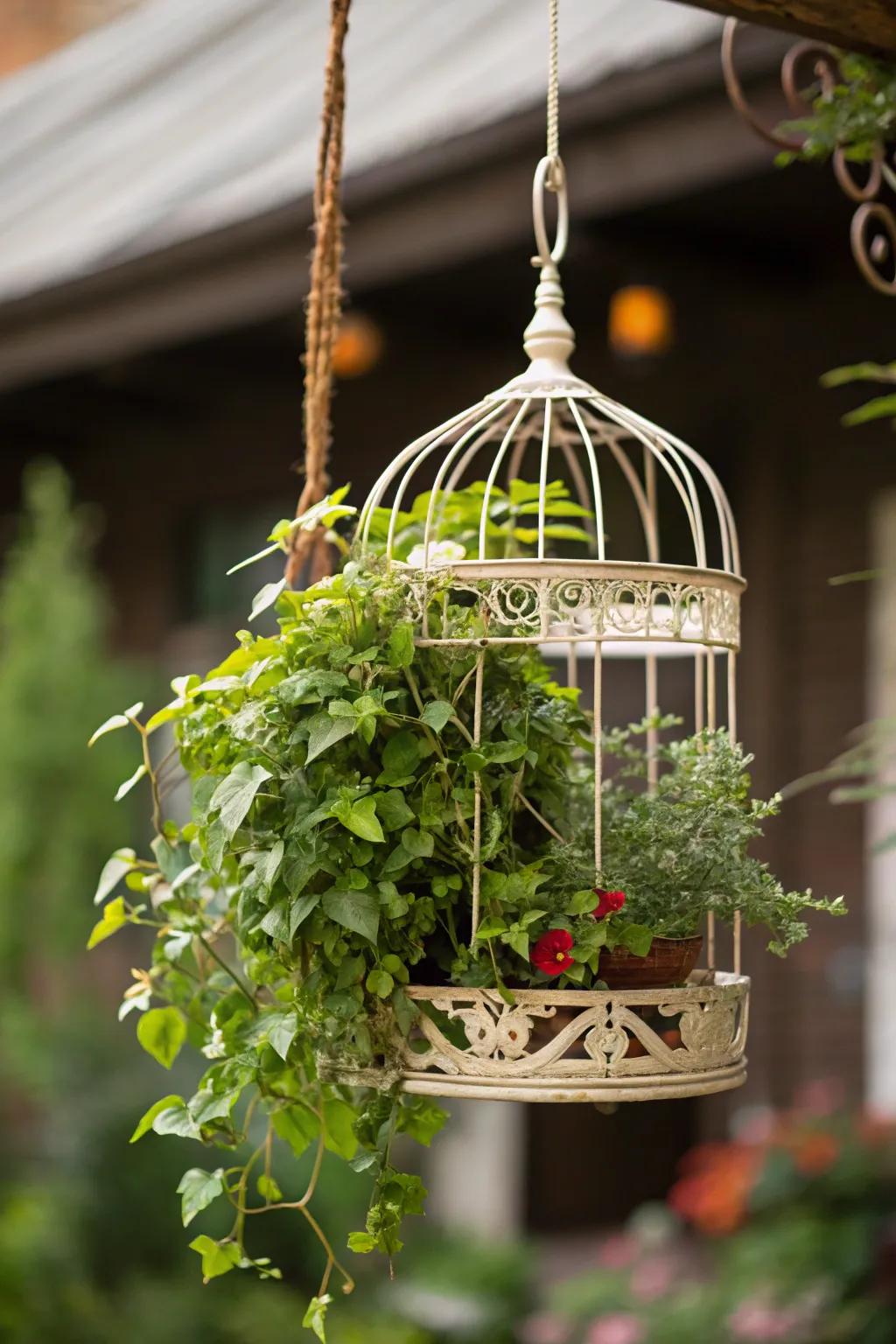 Hanging birdcage planters add elegance to garden decor.