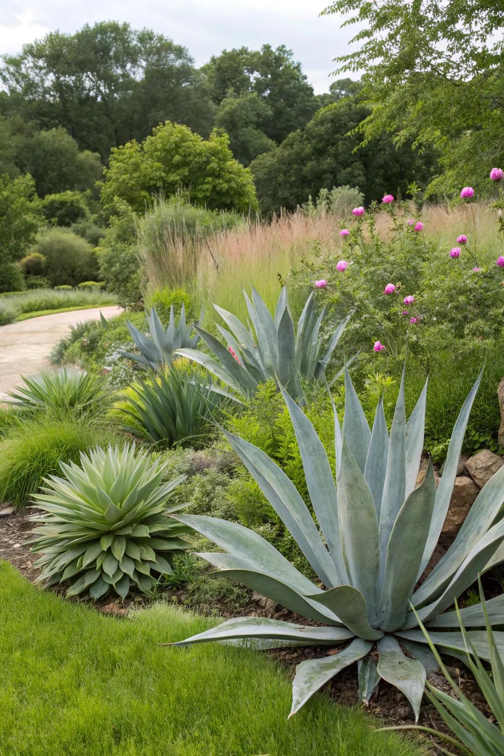 Metal agave sculptures add a contemporary flair to the garden.