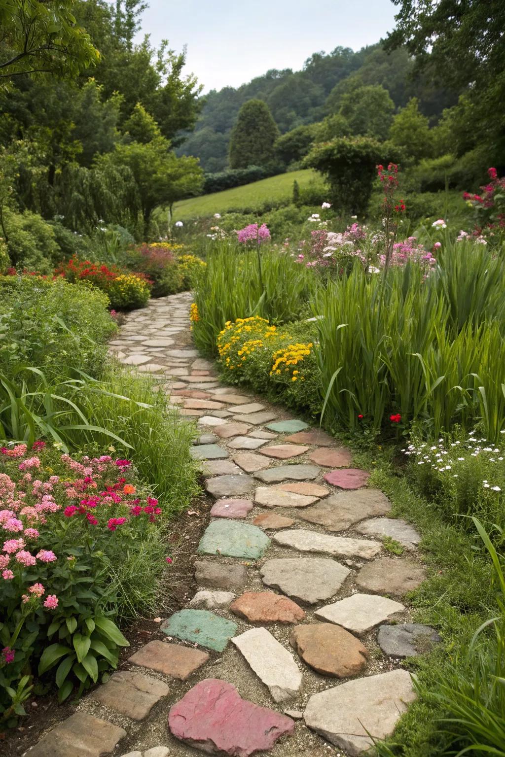 Colorful garden path made with assorted stones and tiles.