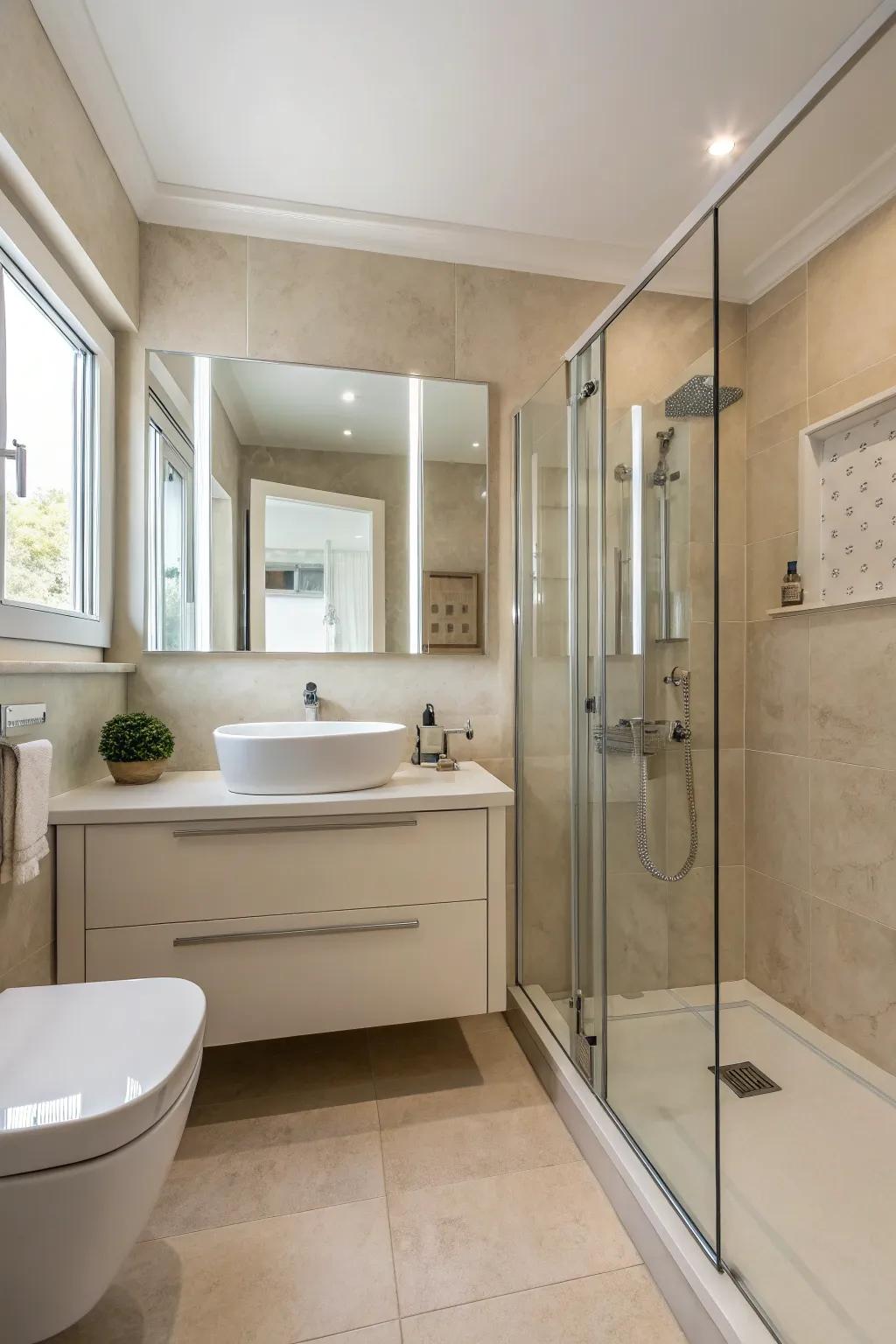 Sleek minimalism keeps the bathroom uncluttered and stylish.