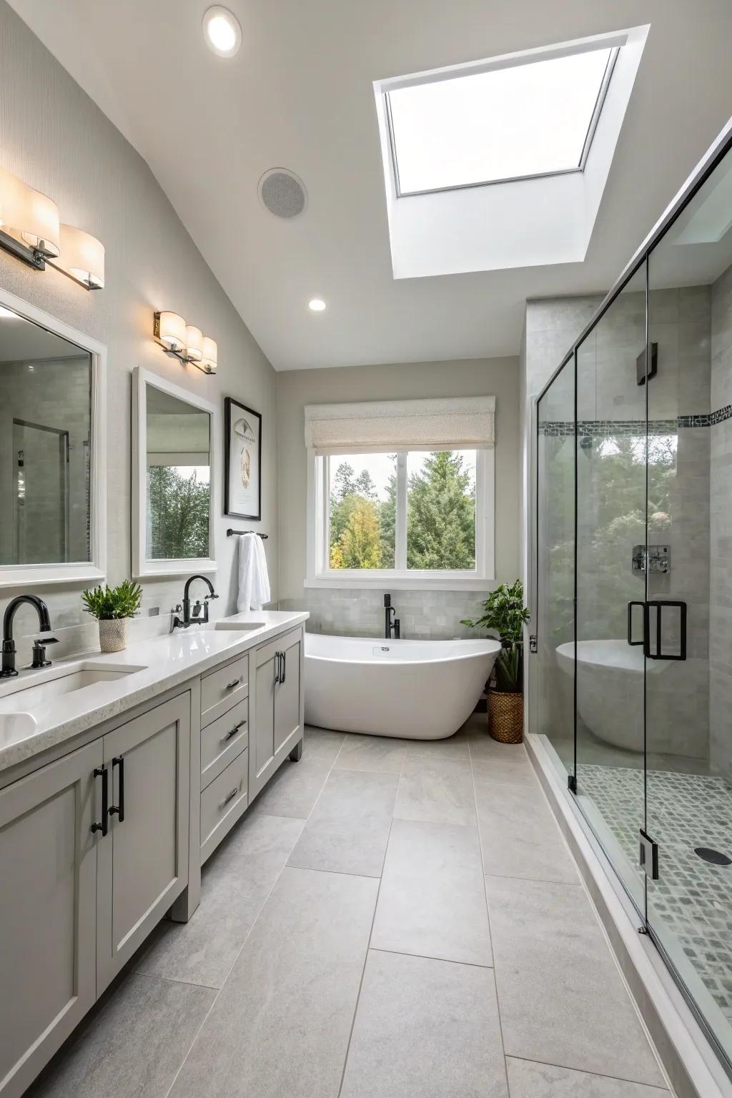 Balanced symmetry enhances the bathroom's visual appeal.