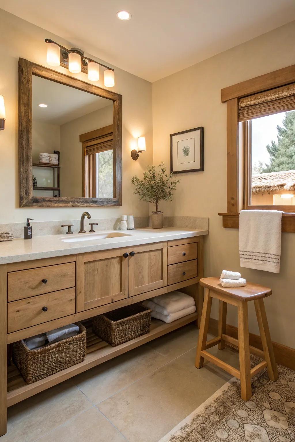 Natural wood vanity adds texture and warmth to the bathroom.